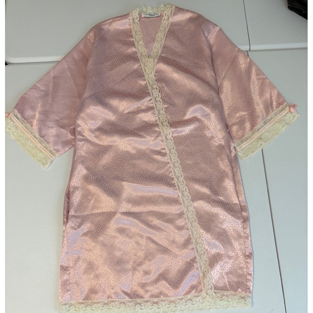 Vintage Christian Dior Pink Satin Lace Trim Robe Polka Dot Coquette Lingerie g5